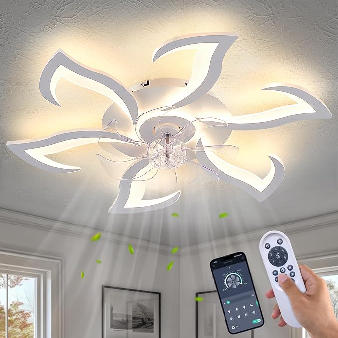32" White Geometric Modern 6-Head Ceiling Fan with Lights Remote Control, Low Profile Ceiling Fan with Light for Kitchen Bedroom Living Room