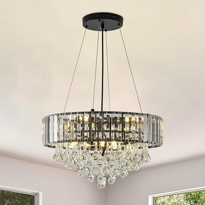 HOPGGIE 17 Inch Crystal Chandeliers Flush Mount Chandelier G9 Base Round Modern Ceiling Light Fixture Pendant Lighting for Living Room Dining Room Laundry Room Kitchen Bedroom (Black)