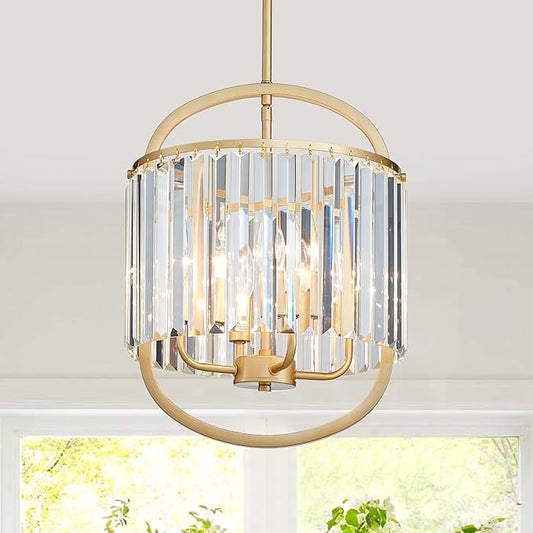 4-Light Modern Small Crystal Chandelier Mini Gold Pendant Lighting 12.8" Crystal Lamp for Closet Bedroom Foyer Dining Room Hanging Ceiling Light Fixture