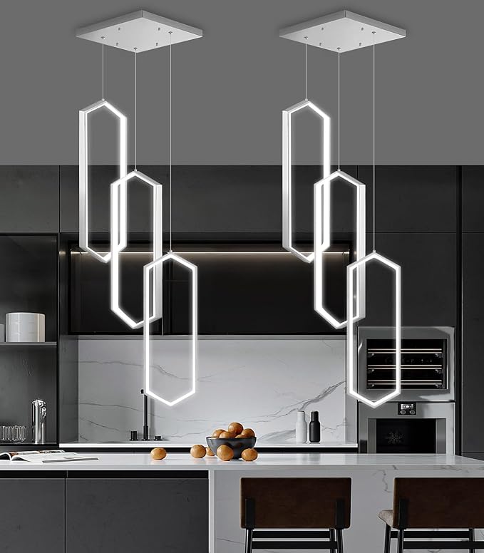 3-Rings Dimmable Pendant Lighting Adjust LED Chandelier Ceiling Light Fixtures for Kitchen Island Dining Room Living Room Bedroom Silver