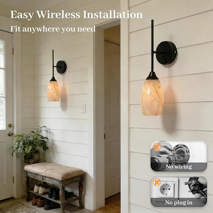 Vintage Battery Operated Wall Sconces Hand-Blown Glass , Rustic Touch & Remote Control Wall Lights Set of 2, Rechargeable 8000mAh, 3 Temperatures, Dimmable, Wireless Sconce for Bedroom Living Room