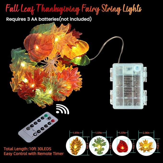 Thanksgiving Decoration Leaf Fairy String Lights Fall Garland Leaf Decorative Lights Harvest Maple Oak Decor 10ft 30LED Battery Operated String Lights Autumn Wreath for Bedroom Window Tree Décor