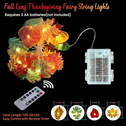 Thanksgiving Decoration Leaf Fairy String Lights Fall Garland Leaf Decorative Lights Harvest Maple Oak Decor 10ft 30LED Battery Operated String Lights Autumn Wreath for Bedroom Window Tree Décor