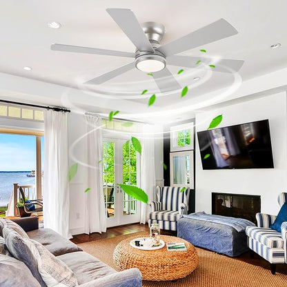 Asyko Silver RGB Ceiling Fan with Light and Remote/APP Control - 46" Flush Mount Low Profile Fan Light, 6 Speeds 3CCT and Reversible, Indoor Ceiling Fan for Bedroom, Party