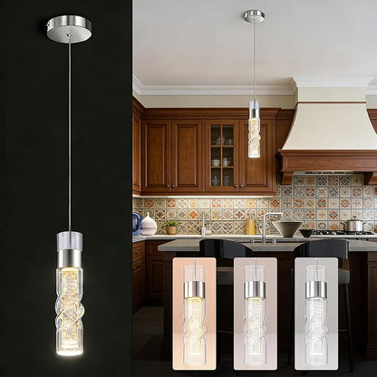 WILON Pendant Lights Kitchen Island, 9W Modern Kitchen Island Lights Brushed Nickel, Ceiling Lighting Fixtures with Crystal Bubble, Integrated LED Hanging Light for Dining Room Restaurant(1 Pack)