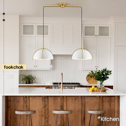 Contemporary White Gold Pendant Light Over Table 2-Light Nordic White Ceiling Pendant Light Fixture 36" Metal Dome Kitchen Island Light with Adjustable Cord for Dining Room