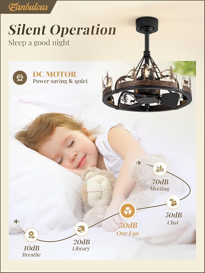 Fanbulous 20 Inch Farmhouse Rustic Ceiling Fan with Light and Remote, Black Chandelier Fan with Bear and Deer Design,Summer Sand Beach Design,Rustic Chandeliers for Living Room, Bedroom