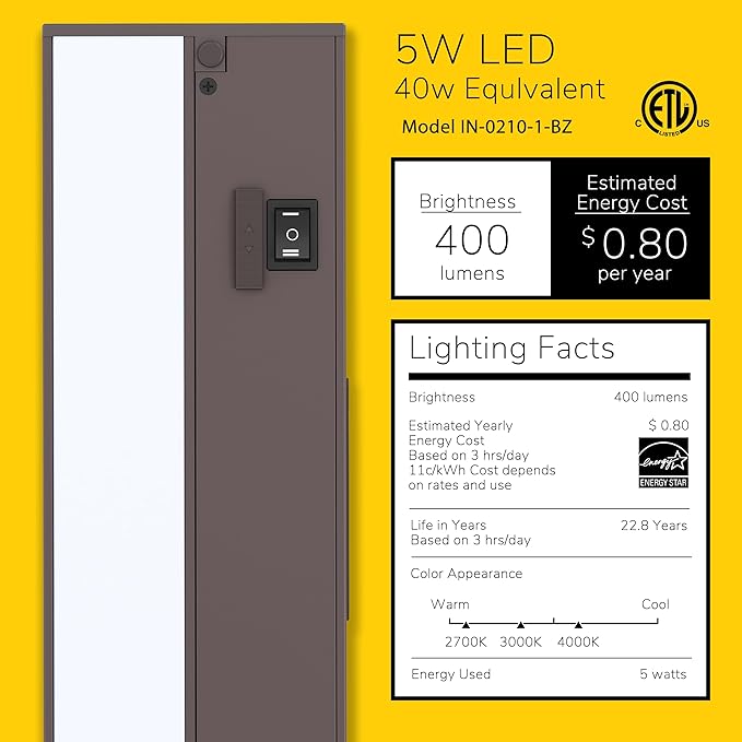 Getinlight 12-inch 3 Color Levels LED Under Cabinet Lighting, Hardwired or Plugged-in, Selectable White 2700K/3000K/4000K, Dimmable, Bronze Finished, IN-0210-1-BZ