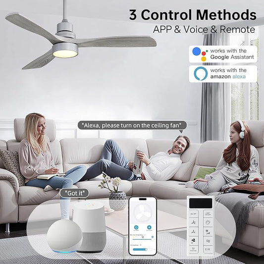 Sofucor Smart Ceiling Fan, 52" Low Profile Ceiling Fans with Lights and Remote, Compatible with Alexa/Google/App, 3-Color Light 6-Speed DC Motor Reversible Timer for Bedroom Living Room Patio Outdoor