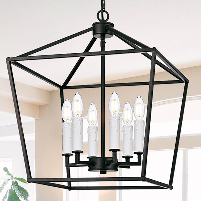 MELUCEE Rustic Open Cage Chandelier 6 Lights in Black Farmhouse Lantern Hanging Ceiling Light Large Pendant Light with White Candle-Shaped Socket for Hallway Dining Room Kitchen Island, E12 Base