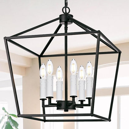 MELUCEE Rustic Open Cage Chandelier 6 Lights in Black Farmhouse Lantern Hanging Ceiling Light Large Pendant Light with White Candle-Shaped Socket for Hallway Dining Room Kitchen Island, E12 Base