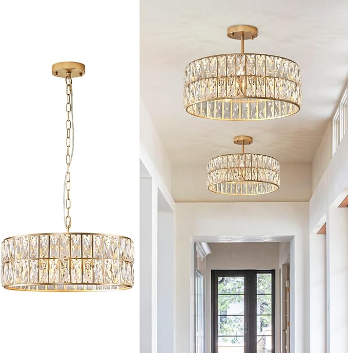 CATINER Modern Crystal Chandelier for Dining Room Gold Semi Flush Mount Ceiling Light Fixtures 18” Large Round Crystal Pendant Lighting for Foyer Bedroom Living Room