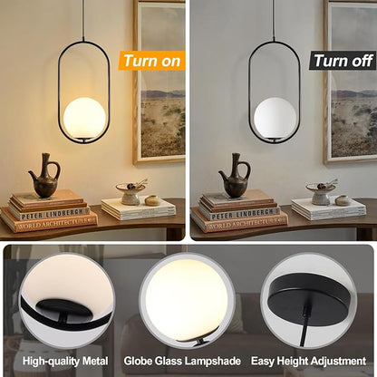 Modern Black Pendant Light, Bedside Matte Pendant Lights with White Glass Shade, Large Globe Ceiling Light for Kitchen Island Bedroom