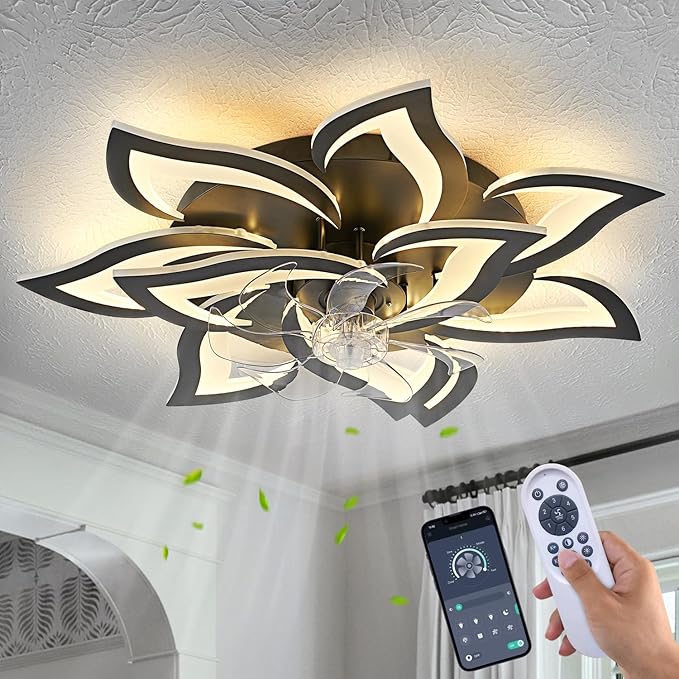 32inch Black Flower Modern Ceiling Fans with Lights, Low Profile Ceiling Fan with Remote for Bedroom, Flush Mount Ceiling Fan with LED Dimmable Light,6-Speeds, Timing Ceiling Fan Light