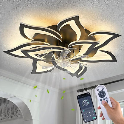 32inch Black Flower Modern Ceiling Fans with Lights, Low Profile Ceiling Fan with Remote for Bedroom, Flush Mount Ceiling Fan with LED Dimmable Light,6-Speeds, Timing Ceiling Fan Light
