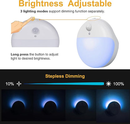 YUNLEX 2 Pack Azure Battery Night Light, Motion Activated Night Light, 2.6" Small Sticky Lights, 3 Light Modes, Dimmable Battery Operated Lights for Travel, Toilet, Bathroom, Closet, Stairs,Corridor