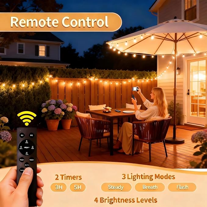 SANBEN Solar String Lights Outdoor with Remote, 50ft 25 Bulbs Solar Powered Patio Lights Waterproof, Dimmable & Timer, G40 LED Solar Lights for Camping Deck Backyard Garden Fence