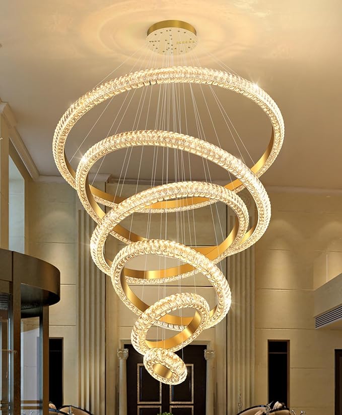 47" 6 Ring Crystal Chandelier Modern LED Dimmable Ring Pendant Light Chandelier for Dining Room Living Room Gold