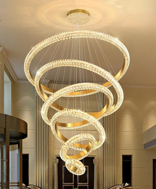 47" 6 Ring Crystal Chandelier Modern LED Dimmable Ring Pendant Light Chandelier for Dining Room Living Room Gold
