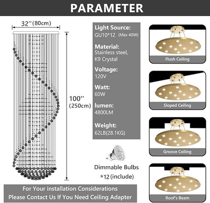 98'' Crystal Chandelier High Ceiling Chandeliers for Staircaes Large Raindrop Chandeliers LED Dimmable Flush Mount Light Fixtures for Foyer Hallway Entryway LED Bulbs Included Gold