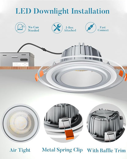 Lightdot 6" LED Recessed Lighting w/Night Light, Triac Dimmable, 12W 3000K/4000K/5000K Adjustable, Memory, CRI＞90, Retrofit, Gray w/Clear Acrylic Trim - 6 Pack