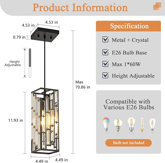 Black Pendant Lights Kitchen Island 2 Pack, Adjustable Modern Pendant Light Fixtures, Mini Crystal Chandeliers for Dining Room Bedroom Foyer Hallway