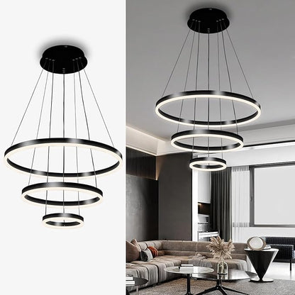 Modern LED Pendant Light, Black Circular Chandelier Fixture, Adjustable Height Circular Entrance Pendant Light, Suitable for Restaurants, Kitchens, Islands, Living Rooms, Cafes, Etc. (4000K)
