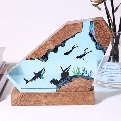 Epoxy Shark Ocean Resin Lamp, Handmade Resin Night Light with USB Port, Multi-Color LED Light, Ideal Home Bedroom Decor, Scuba Diver Gift for Birthday Holiday, Unique Shark Gifts for Him Her (8"x5")