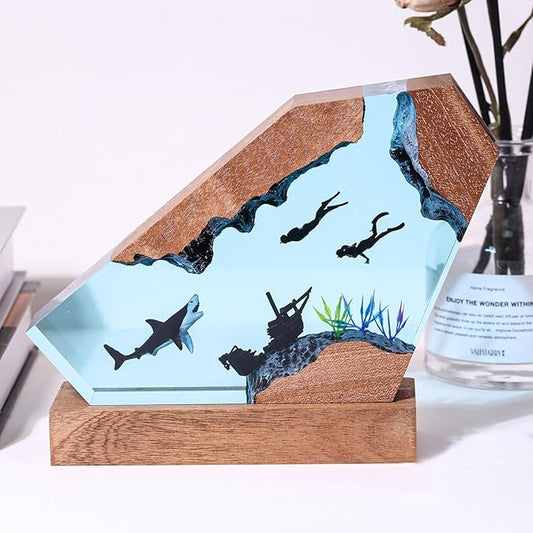 Epoxy Shark Ocean Resin Lamp, Handmade Resin Night Light with USB Port, Multi-Color LED Light, Ideal Home Bedroom Decor, Scuba Diver Gift for Birthday Holiday, Unique Shark Gifts for Him Her (8"x5")