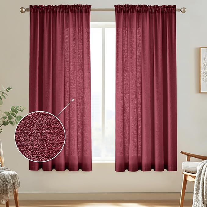 Melodieux Burgundy Semi Sheer Curtains 72 Inches Long for Bedroom, Living Room Farmhouse Linen Look Shiny Sheer Drapes, Rod Pocket Light Filtering Sheer Curtains, 52" W x 72" L, 2 Panels