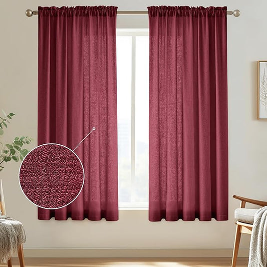 Melodieux Burgundy Semi Sheer Curtains 72 Inches Long for Bedroom, Living Room Farmhouse Linen Look Shiny Sheer Drapes, Rod Pocket Light Filtering Sheer Curtains, 52" W x 72" L, 2 Panels
