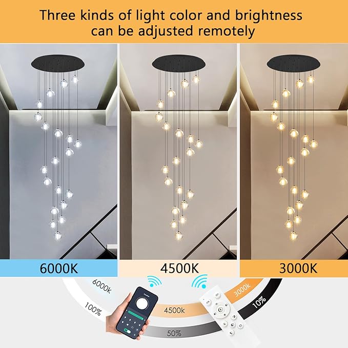 HAIXIANG LED Glam Chandelier 138 inches Long Light Luxury Crystal Ceiling Chandeliers Remote Dimmable High Ceiling Pendants Lighting Fixtures Black 20 Lights