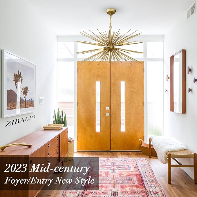 31in Modern Gold Sputnik Chandelier 4-Light Mid-Century Starburst Chandelier Light Fixture Over Table Large Satellite Chandeliers for Dining Room Foyer Entryway Kitchen Bedroom Living Room E12
