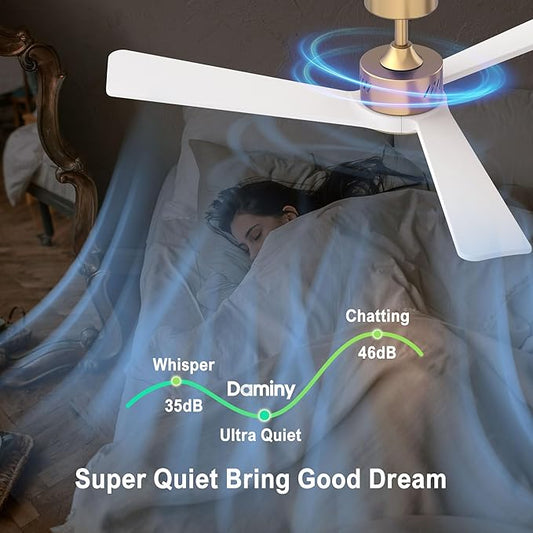 DAMINY Natural Solid Wood White and Gold 52 inch Ceiling Fan with Light,3 Blades,6CCT,Low Profile Ceiling Fan with Light and Remote Control