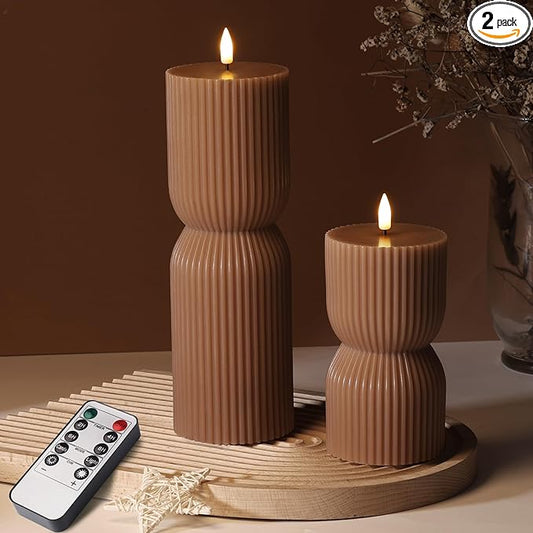Warm Brown Ribbed Flameless Pillar Candles with Remote, Real Wax Flickering Battery LED Candles Christmas Decor Gift Set of 2