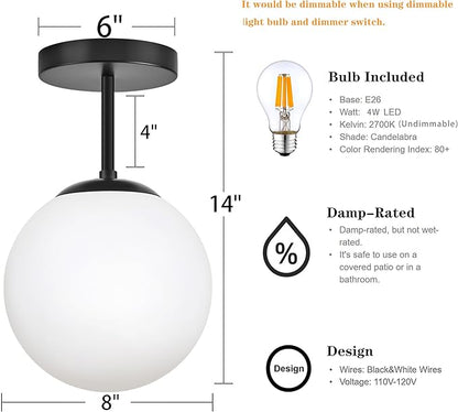 Globe Semi Flush Mount Ceiling Light, Mid Century Modern Light Fixture Ceiling, Milk Glass with Matte Black Finish, Living Room Kitchen Bedroom Hallway Storage Schoolhouse Laundry(LED Bulb Incl.)