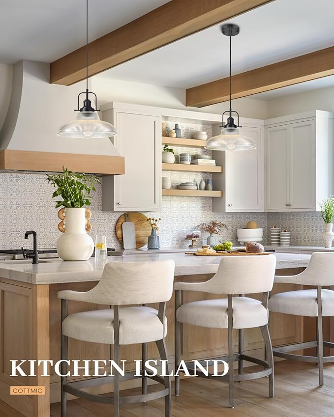 Black Glass Pendant Lights Kitchen Island 2 Pack, 12-inch Ribbed Glass Kitchen Pendant Lights, Farmhouse Pendant Lighting Over Island, Sink, Bar, Vintage Pendant Light for Dining Room