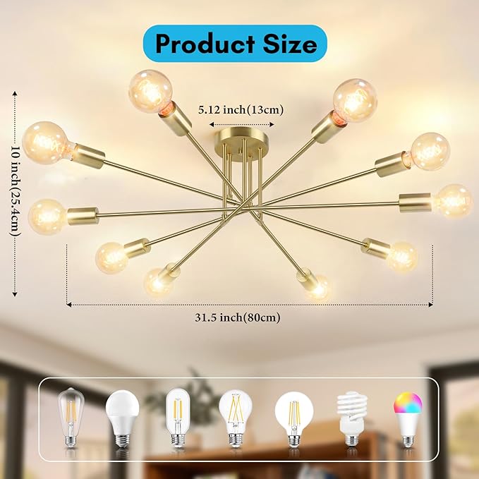 Semi Flush Mount Ceiling Light Fixture, 10-Light Modern Gold Sputnik Chandelier Industrial Ceiling Lamp for Kitchen Dining Room Living Room Bedroom Foyer