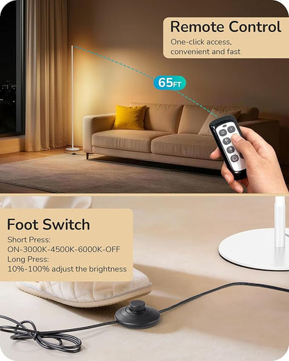 EDISHINE 59.8" Corner Floor Lamp, White Floor Lamp with Remote, 3 Height Settings, 3 Color Temperature & Stepless Dimming, Foot Switch, Slim Floor Lamps for Living Room, White
