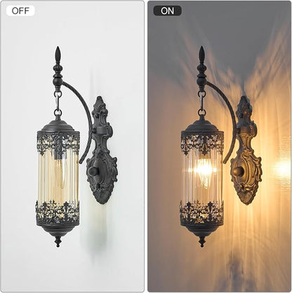 Vintage Wall Sconce with Amber Glass Shade, Rustic Black Farmhouse Wall Light Fixture, Antique Gothic Decorative Metal Wall Lamp for Hallway, Bedroom, Living Room, Entryway