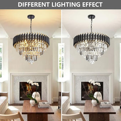Large Crystal Chandelier 24Inch Dining Room Light Fixtures 5 Tiers Flush Mount Smoke Grey and Gold Chandelier 10 Lights Round Large Chandeliers for Dining Room