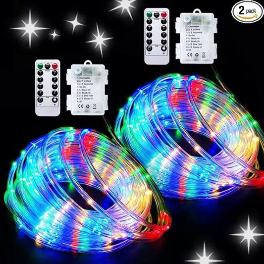 JMEXSUSS 2 Pack Battery Operated String Lights Outdoor, Total 200 LED 8 Modes Battery Powered Rope Lights with Remote &Timer, Christmas Light for Car Trampoline Tree Camping Garden Decor (Multicolor)