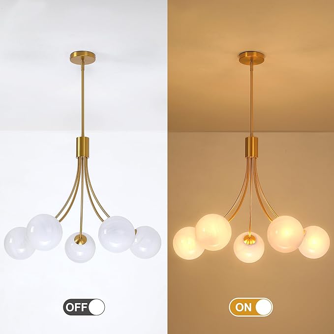 Bubble Chandelier, Modern Sputnik Dining Room 5-Light Chandelier with Gold Finish and Glass Globes for Kitchen Bedroom Foyer and Living Room