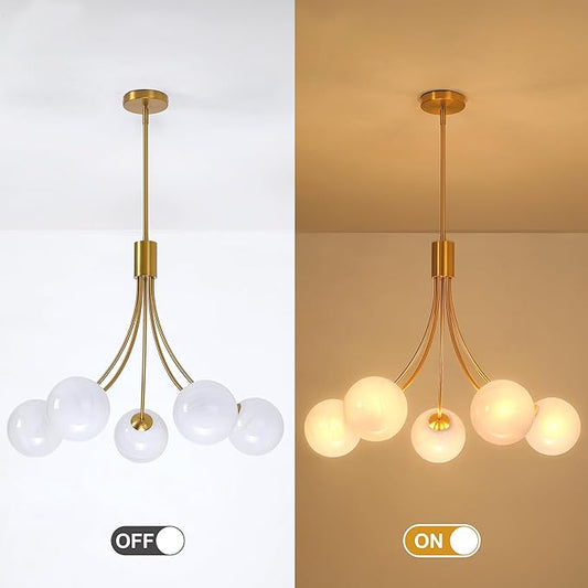 Bubble Chandelier, Modern Sputnik Dining Room 5-Light Chandelier with Gold Finish and Glass Globes for Kitchen Bedroom Foyer and Living Room