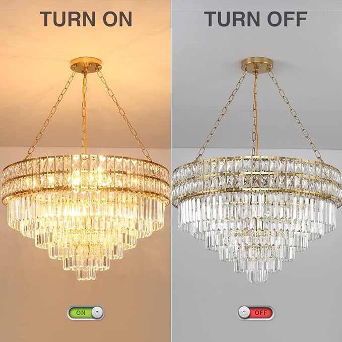 Modern Crystal Chandelier Gold Finish Light Fixture, Round Crystal Pendant Light Hanging Lamp, for Living Room, Dining Room, Restaurant, E12 x 15, Ø29.5 inch