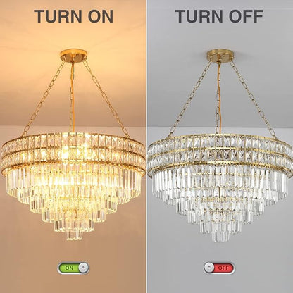 Modern Crystal Chandelier Gold Finish Light Fixture, Round Crystal Pendant Light Hanging Lamp, for Living Room, Dining Room, Restaurant, E12 x 15, Ø29.5 inch