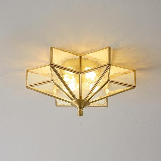 Star Brass Glass Ceiling Light - Small 12 in Gold Hammered Flush Mount Fixture - Unique Art Deco Vintage Modern Lighting Lights for Bedroom Dining Foyer Entryway Hall Hallway Outdoor Porch