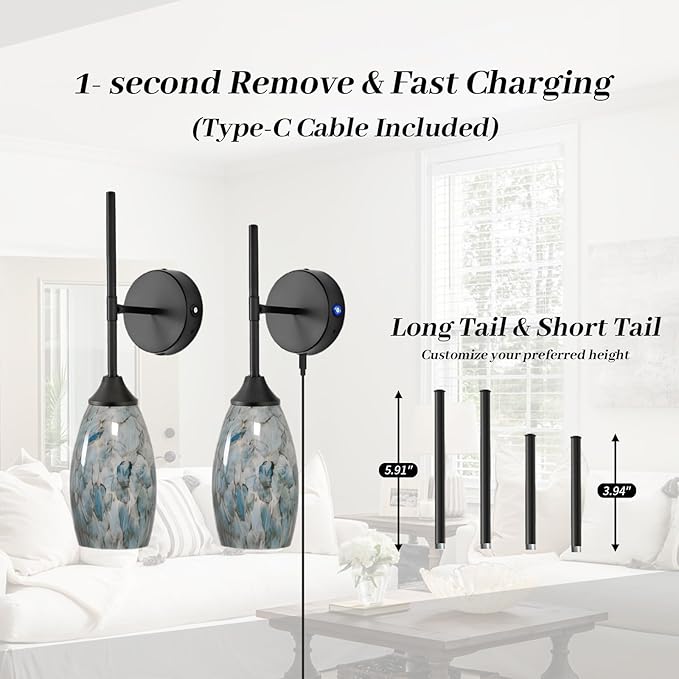 Wireless Battery Operated Wall Sconce Set Of 2，Rechargeable Wall Lights with Remote Control, Dimmable 3000K–6000K, Wireless Wall Sconces With Industrial Hand-Blown Art Glass for Bedroom Living Room