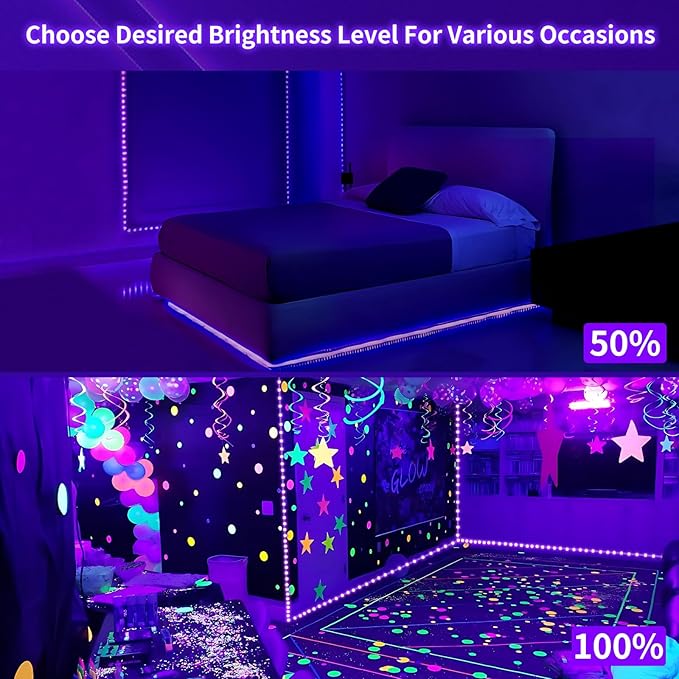 Dimmable Black Light Strip Kit 66ft/20M 1200 LEDs, 12V Flexible Blacklight Fixtures, 385nm-400nm, Black Light LED Strip for Glow Party Fluorescent Poster Halloween Indoor Bedroom Decor, Non-Waterproof