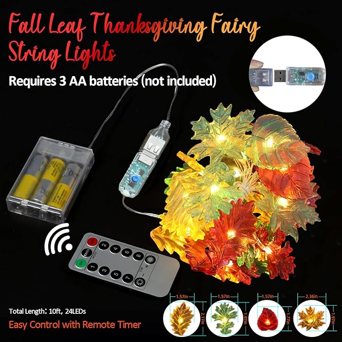Fall Leaf Lights Thanksgiving Fairy String Lights Harvest Decorative Lights Maple Oak Decor 10ft 30LED USB Plug in or Battery Power Lights for Home Bedroom Autumn Wreath Tree Décor